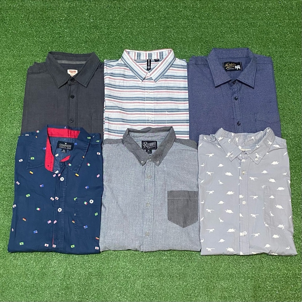 6pc Men’s XL Short Sleeve Button Down Lot - Dino, Flag, Stripe Casual Bundle
